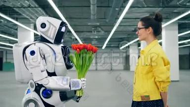 像人类一样的机器人正在给一个年轻的女人送花